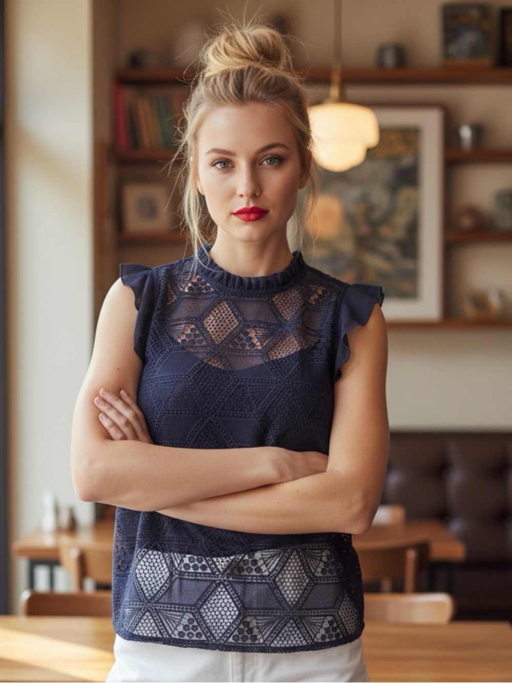 SUNCOO Paris Crocheted Lace Blouse, Navy Blue, Gold Buttons & Silk Camisole T2.